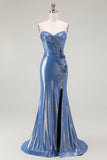 Corsé de sirena con lentejuelas y cuentas azules vestido de fiesta con abertura