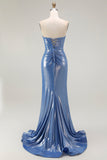 Corsé de sirena con lentejuelas y cuentas azules vestido de fiesta con abertura