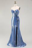 Corsé de sirena con lentejuelas y cuentas azules vestido de fiesta con abertura