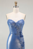 Corsé de sirena con lentejuelas y cuentas azules vestido de fiesta con abertura