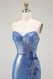 Corsé de sirena con lentejuelas y cuentas azules vestido de fiesta con abertura