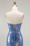 Corsé de sirena con lentejuelas y cuentas azules vestido de fiesta con abertura