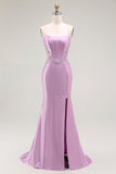 Vestido largo de fiesta con corsé de tirantes finos de sirena morada con abertura