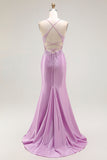Vestido largo de fiesta con corsé de tirantes finos de sirena morada con abertura
