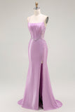 Vestido largo de fiesta con corsé de tirantes finos de sirena morada con abertura