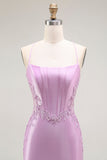 Vestido largo de fiesta con corsé de tirantes finos de sirena morada con abertura