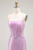 Vestido largo de fiesta con corsé de tirantes finos de sirena morada con abertura