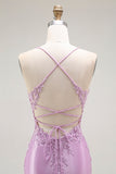 Vestido largo de fiesta con corsé de tirantes finos de sirena morada con abertura