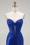 Vestido largo de baile con corsé de cuentas sin tirantes de sirena azul real con abertura