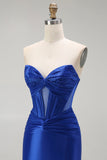 Vestido largo de baile con corsé de cuentas sin tirantes de sirena azul real con abertura