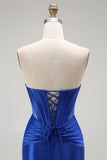 Vestido largo de baile con corsé de cuentas sin tirantes de sirena azul real con abertura
