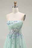 Vestido largo de fiesta con corsé transparente de tul sin tirantes verde con apliques