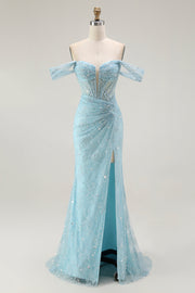 Vestido largo de fiesta con cuentas y cuentas de sirena azul con hombros descubiertos y abertura