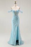 Vestido largo de fiesta con cuentas y cuentas de sirena azul con hombros descubiertos y abertura