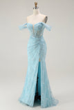 Vestido largo de fiesta con cuentas y cuentas de sirena azul con hombros descubiertos y abertura