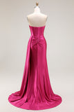 Vestido largo de fiesta plisado con cuentas de sirena fucsia brillante con abertura