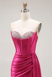 Vestido largo de fiesta plisado con cuentas de sirena fucsia brillante con abertura