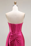 Vestido largo de fiesta plisado con cuentas de sirena fucsia brillante con abertura