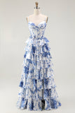 Vestido de fiesta con corsé floral blanco y azul en línea