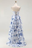 Vestido de fiesta con corsé floral blanco y azul en línea