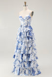 Vestido de fiesta con corsé floral blanco y azul en línea