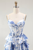 Vestido de fiesta con corsé floral blanco y azul en línea