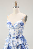 Vestido de fiesta con corsé floral blanco y azul en línea