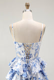 Vestido de fiesta con corsé floral blanco y azul en línea