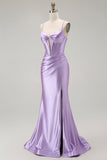 Vestido largo de fiesta con corsé de tirantes finos de sirena morada con cuentas y abertura