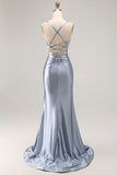 Vestido largo de fiesta con corsé de sirena gris y azul con cuentas y apliques