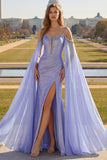 Vestido largo de fiesta con corsé convertible de hombros descubiertos de sirena lila con mangas de capa