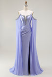 Vestido largo de fiesta con corsé convertible de hombros descubiertos de sirena lila con mangas de capa