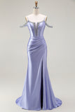 Vestido largo de fiesta con corsé convertible de hombros descubiertos de sirena lila con mangas de capa