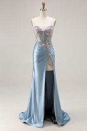Vestido largo de fiesta con corsé aplicado de sirena gris azul con abertura