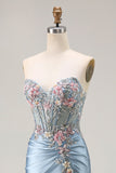 Vestido largo de fiesta con corsé aplicado de sirena gris azul con abertura