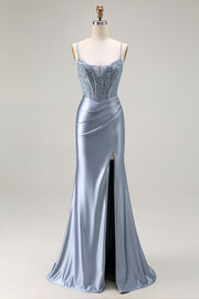 Vestido largo de fiesta plisado con cuentas de sirena azul gris y azul con abertura