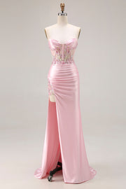 Vestido largo de fiesta con lentejuelas y lentejuelas de sirena sin tirantes rosa con abertura