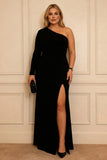 Vestido negro de satén de un solo hombro de talla grande de la madre de la novia con abertura