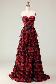 Vestido largo de baile con corsé de novia en línea A con flores rojas negras y abertura