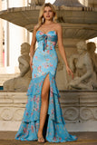 Vestido largo de baile de sirena floral azul con volantes y abertura