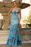 Vestido largo de baile de sirena floral azul con volantes y abertura