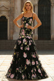 Vestido largo de graduación con flores negras rosadas y sirena, lentejuelas, con encaje en la espalda