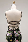 Vestido largo de graduación con flores negras rosadas y sirena, lentejuelas, con encaje en la espalda