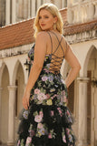 Vestido largo de graduación de talla grande con volantes y flor negra rosa sirena con volantes y cordones en la espalda
