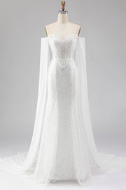 Vestido largo de baile de graduación con lentejuelas de sirena blanca y capa, adorno con cuentas y sirena blanca