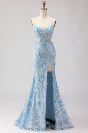 Vestido de fiesta largo sirena azul sin tirantes con flores 3D de lentejuelas y abertura