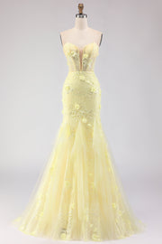 Corsé de encaje amarillo Sirena sin tirantes Vestido largo de graduación con cuentas