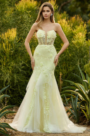 Corsé sin tirantes amarillo sirena, vestido largo de galera con flores 3D