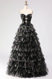 Vestido largo de graduación negro con volantes y volantes A-Line sin tirantes con lazos