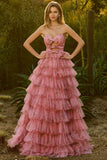 Vestido largo largo de graduación de fin, con volantes y tirantes de flor rosa, recorte en A,
